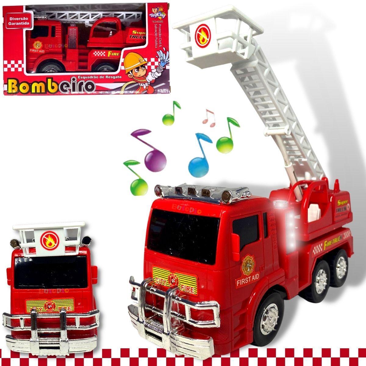 Miniatura Caminhão Bombeiro Sirene Som Luz Movimento Escada Resgate