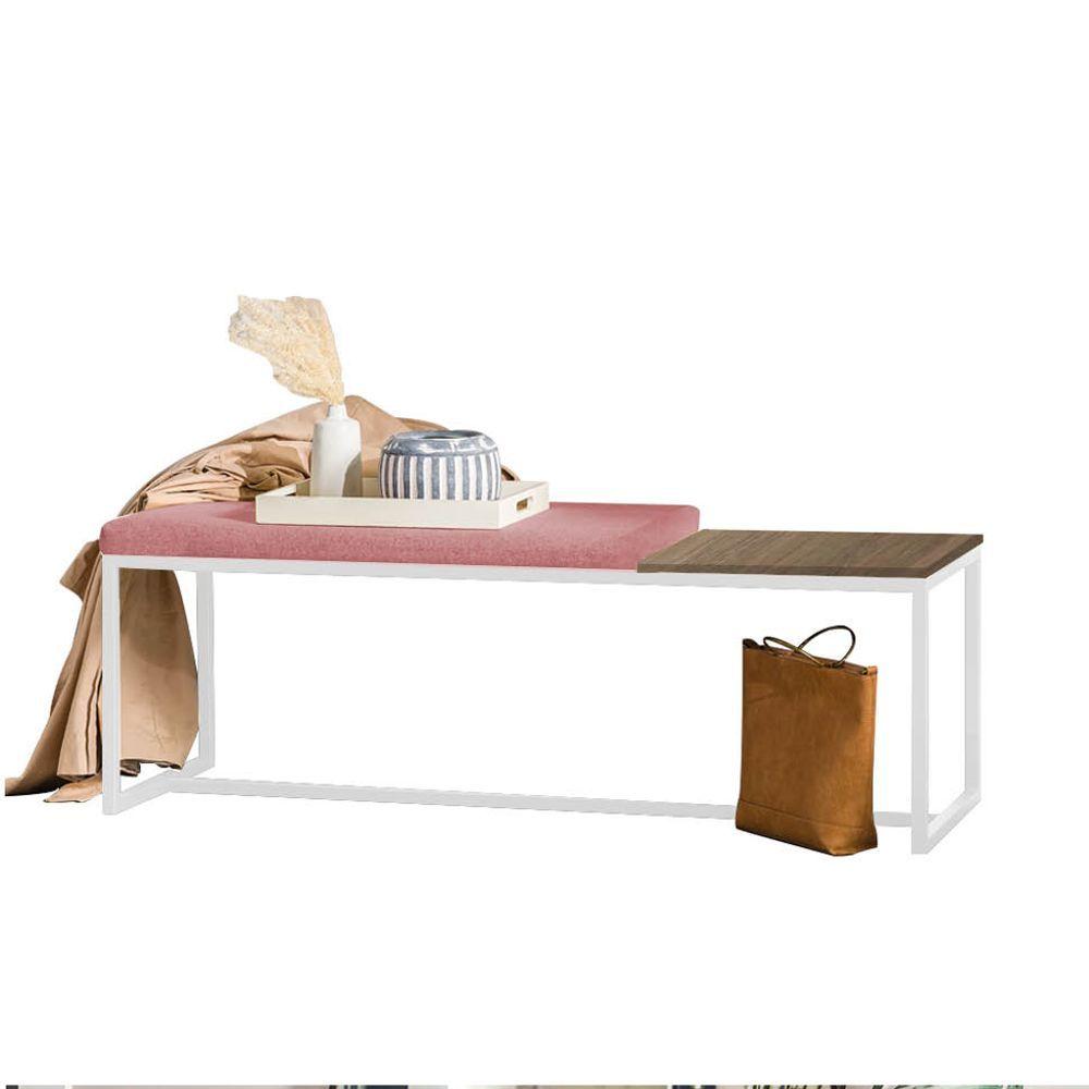 Miniatura Banco Recamier Puff 140cm Industrial Branco Suede Rose Tampo Quadrado Mdf Carvalho