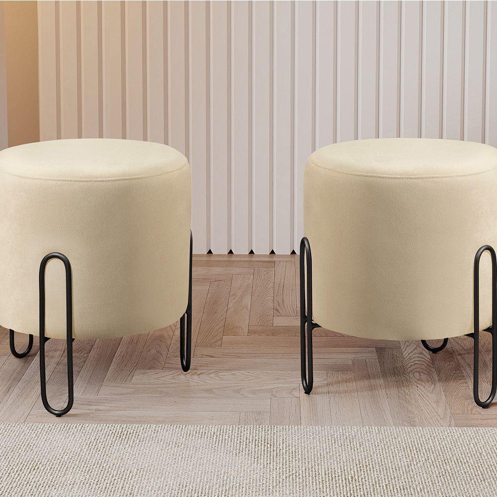 Miniatura Puff Banqueta Mali Veludo Luxo Castellar Móbile Bege Claro