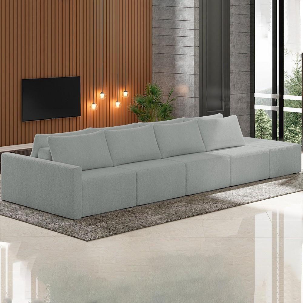 Miniatura Sofá Ilha Modular Com Puff Para Sala Living 392cm Georgia K04 Bouclê Cinza Claro - Mpozenato
