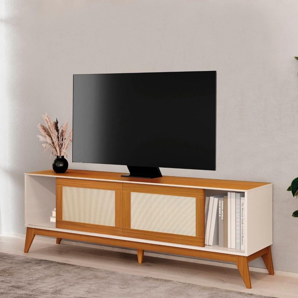 Rack 100% MDF para Tv 75 Polegadas com Portas em Tela Rattan Andros Rack para Tv 75 Polegadas com Portas em Tela Rattan Andros Off White