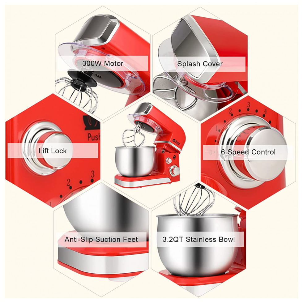 Batedeira Elétrica de Bancada 3.2 Litros 6 Velocidades em Aço Inoxidável, 110V 300W, Kitchen in the box, Vermelha