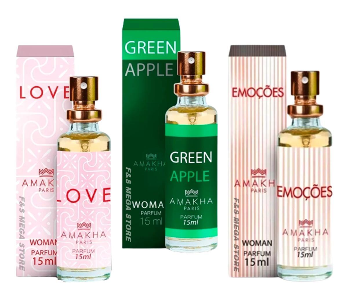 Miniatura Kit 3 Perfume Feminino Amakha Paris Love Green Apple Emoções