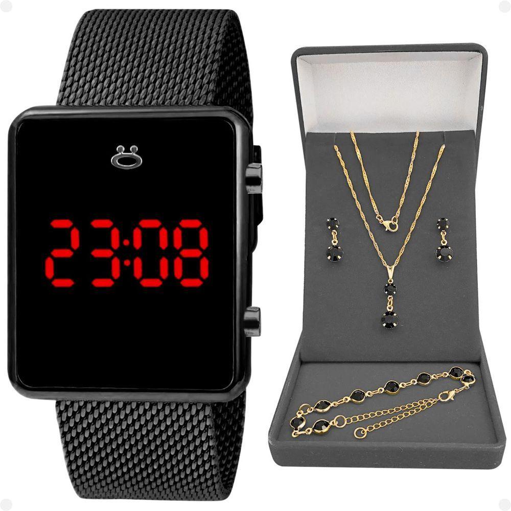 Miniatura Relogio Preto Digital Feminino + Brincos + Colar Strass Quadrado Casual Pulseira Ajustável Presente
