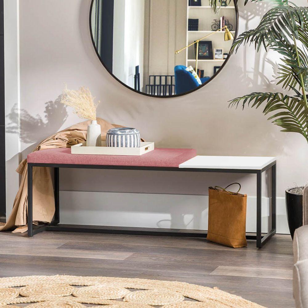 Miniatura Banco Recamier Puff 195cm Industrial Preto Suede Rose Tampo Quadrado Branco