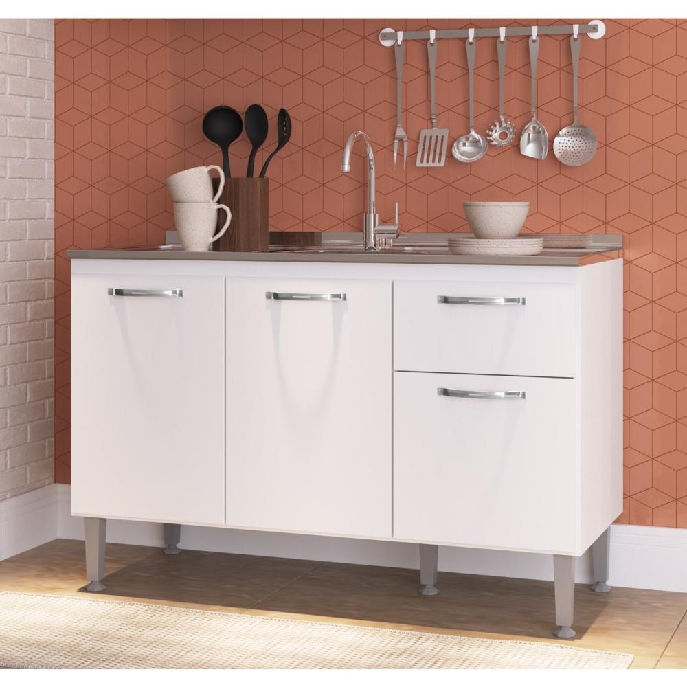 Miniatura Balcão de Cozinha 120cm 3 Portas 1 Gaveta sem Tampo Light IRM Móveis Branco