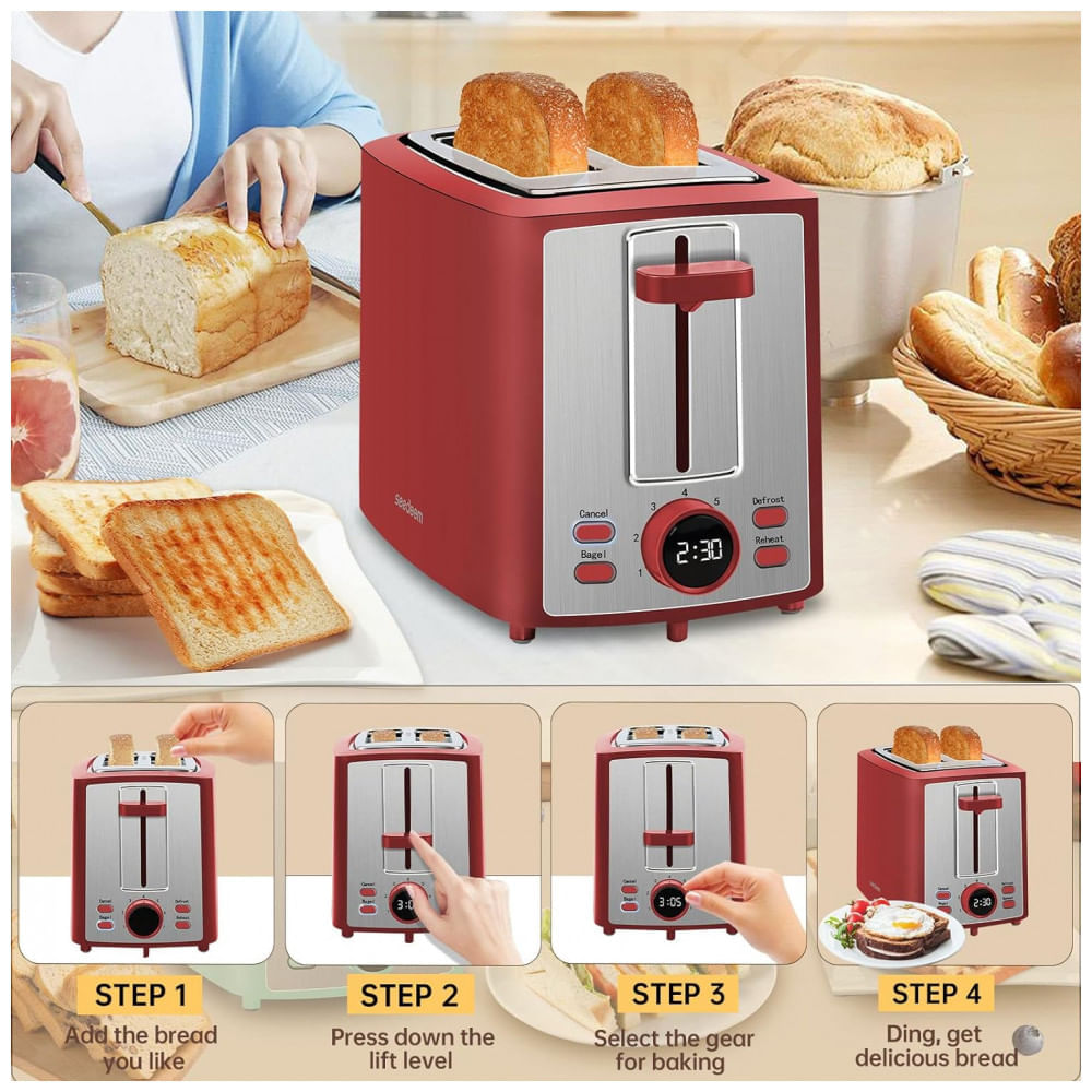 Miniatura Torradeira Elétrica 2 Fatias 7 Níveis de Tostagem, Display LCD, 110V 900W, SEEDEEM, Vermelha