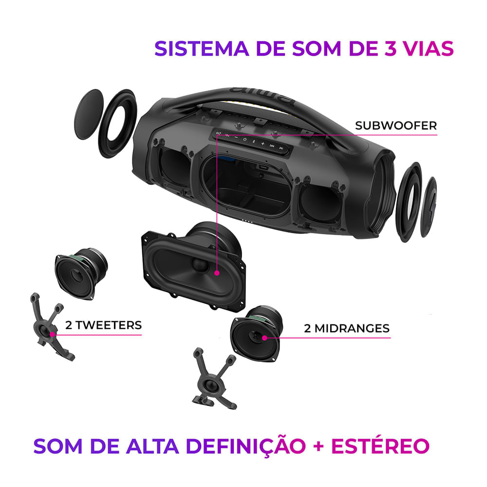Miniatura Caixa de Som Boombox Plus AIWA BBS-01-LBL 200W BT 30H IP66 USB RGB BOOMBOX C/ LUZES AWS-BBS-01-LBL BIVOLT