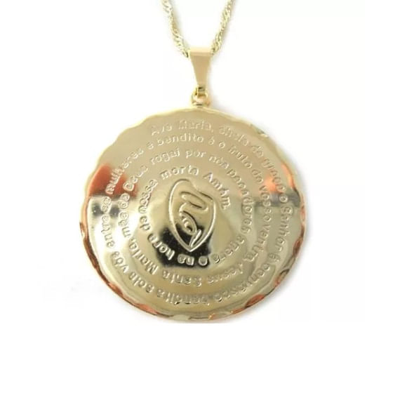 Miniatura Cordão Colar Medalha Religiosa Ave Maria Folheado A Ouro 18k