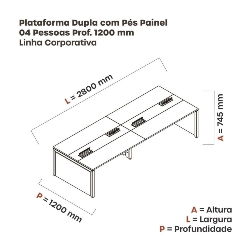 Miniatura Mesa Plataforma Dupla para 4 Lugares para Coworking 140x120/4p Preto/Grafito