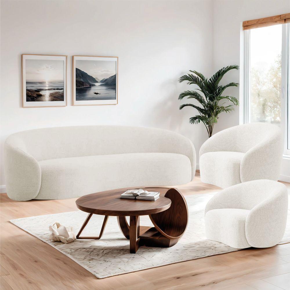 Kit Sofá 3 Lugares 200cm E 2 Poltronas Orgânica Luxo Recepção Amore Bouclé Cor Branco