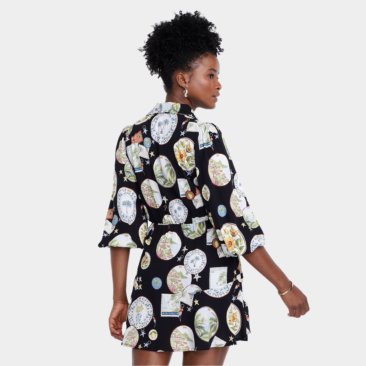 Miniatura Vestido Farm Curto Manga Souvenir Feminino Preto - G