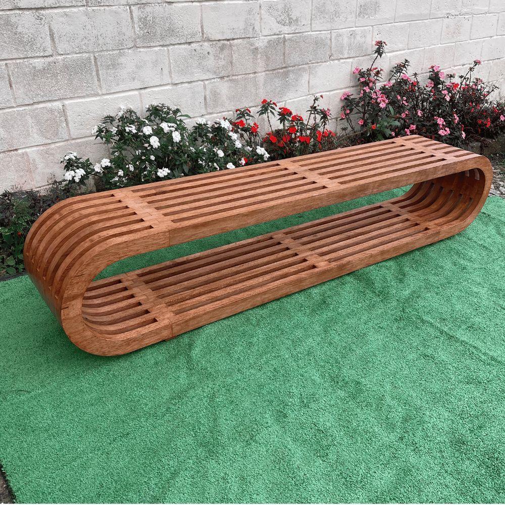 Banco Oval Ripado Em Madeira Maciça 220x40x45 Sudeste Rústico