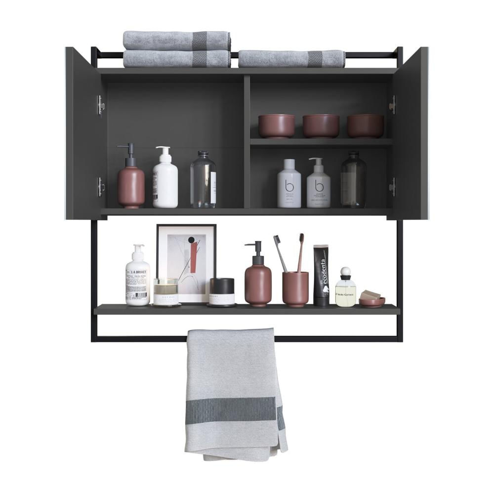 Miniatura Armário Espelheira para Banheiro 80cm com 1 Prateleira Externa e Toalheiro Estilo Industrial P1043 Preto/Grafite
