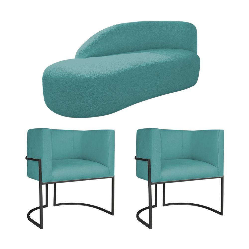 Miniatura Kit Divã Luna 160cm Lado Esquerdo E 02 Poltronas Base De Ferro Preto Suede Cor Azul Turquesa