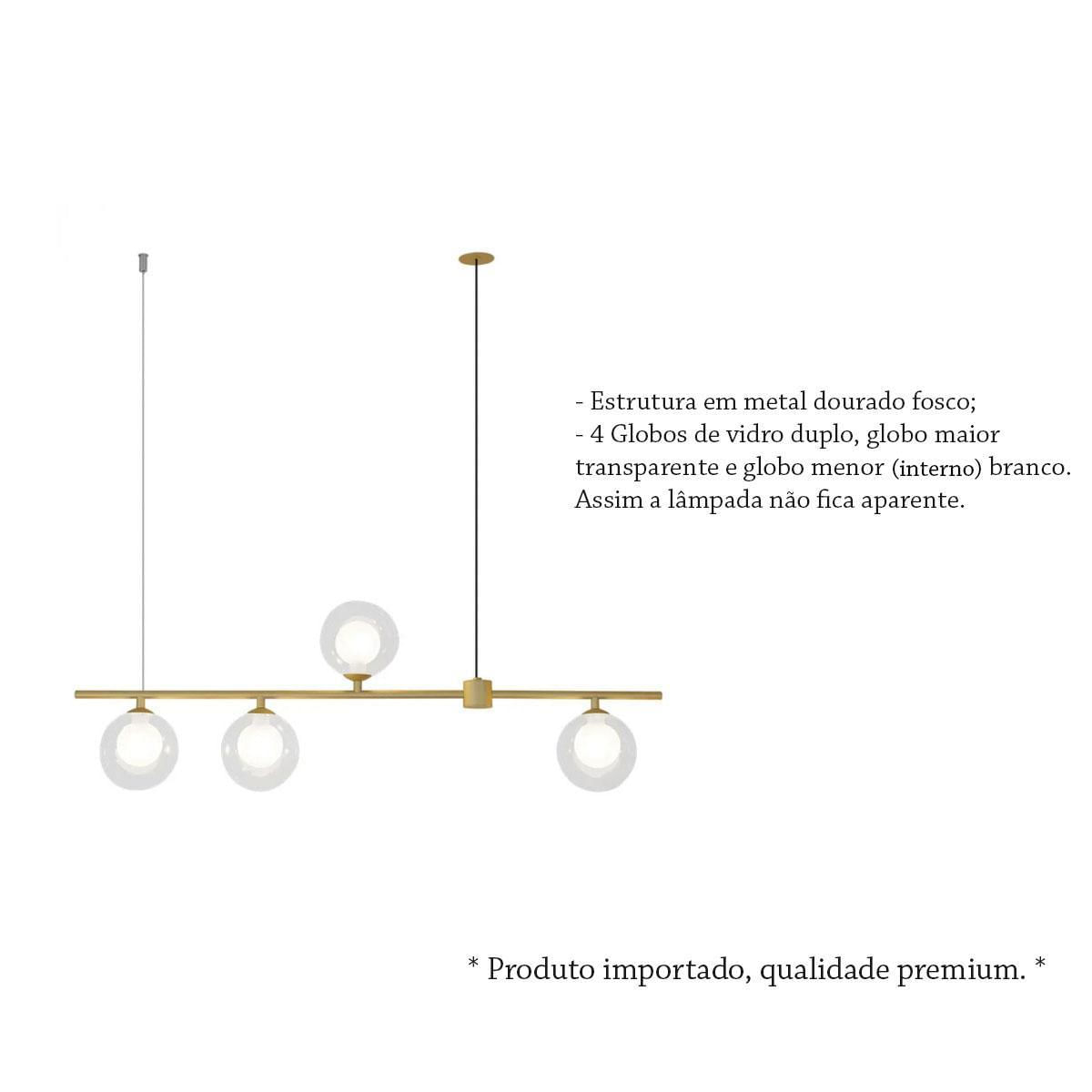 Pendente 4 Globos Vidro Duplo Transparente Dourado Zan84