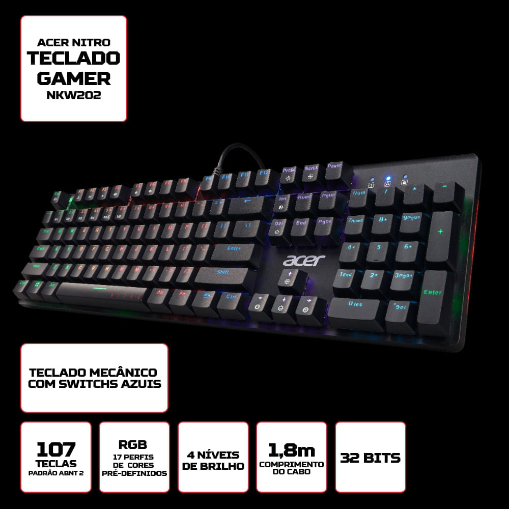Teclado Gamer Acer Nitro TKL NKW202 LED retroiluminado RGB customizável USB ABNT 2