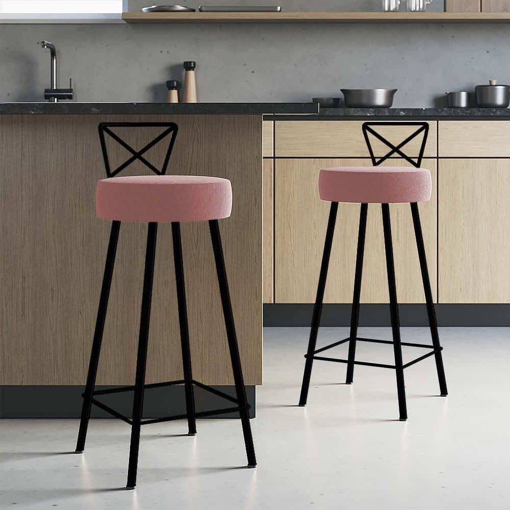 Miniatura Banqueta Alta Com Encosto Tânia Eiffel Cozinha Bar Bistrô Ferro Marrom Suede Rosa Gold