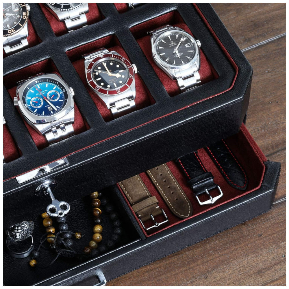 Miniatura Caixa, Estojo de Couro com Gaveta de Manobrista para Relógios com 12 Compartimentos, ROTHWELL, Preto e Vermelho