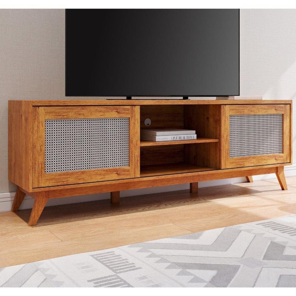 Miniatura Rack para Tv até 75 Polegadas 2 Portas com Palha Natural 1 Prateleira Nolan Mel