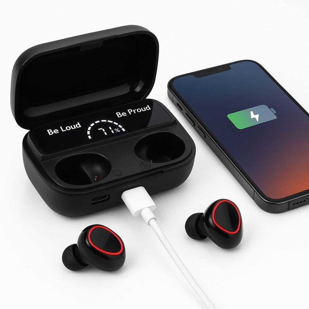 Miniatura Fone de Ouvido sem Fio Tws Digital com Áudio de Alta Qualidade Estojo Powerbank Tela LED Preto