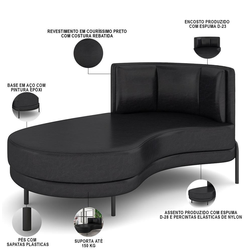 Sofá Chaise Longue Sala De Estar Living Lucca Esquerdo D02 Couríssimo Preto B-159 - Lyam Decor
