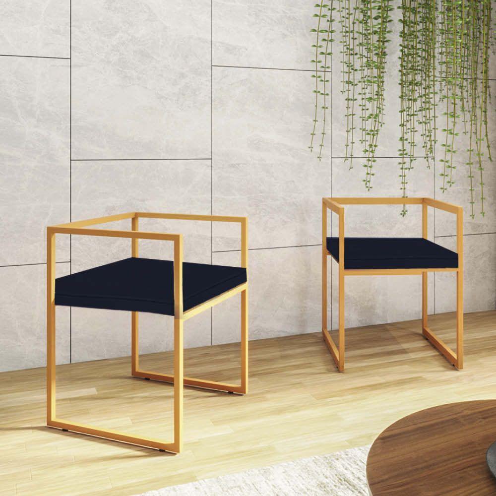 Miniatura Kit 03 Cadeira De Jantar Cubo Ferro Bronze Sintético Azul Marinho