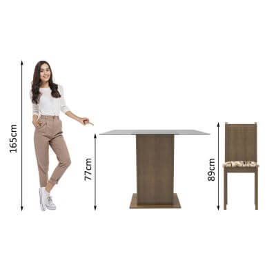Conjunto Sala de Jantar Madesa Maya Mesa Tampo de Vidro com 4 Cadeiras Rustic/Lírio Bege Cor:Rustic/Lírio Bege