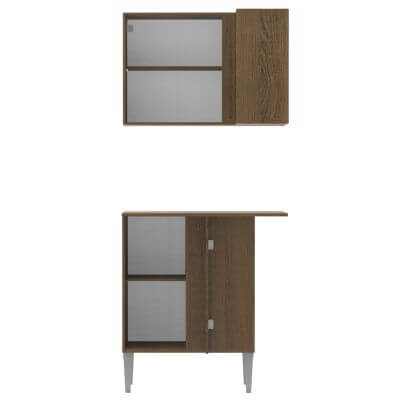 Kit de Canto Reto Madesa Emilly 2 Portas com Armário Aéreo, Adega e Balcão Rustic Cor:Rustic