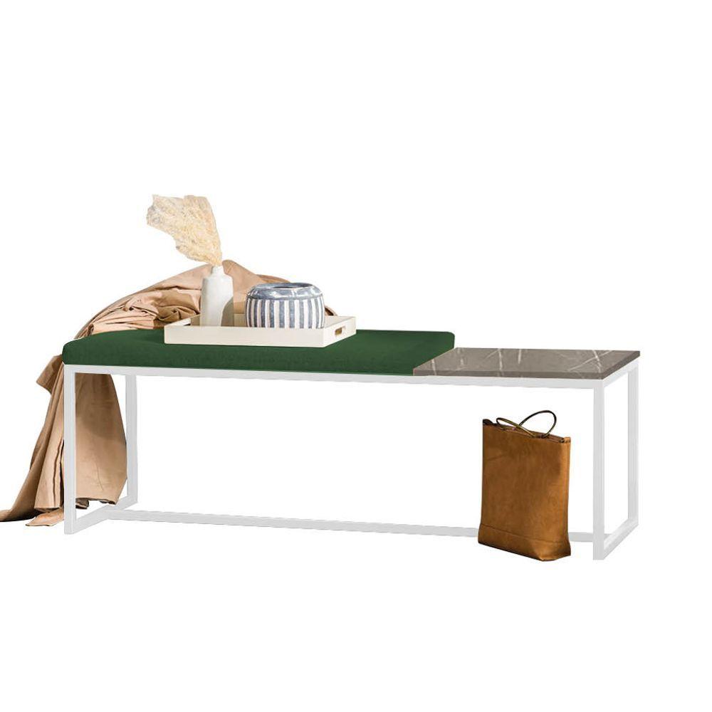 Miniatura Banco Recamier Puff 140cm Industrial Branco Suede Verde Tampo Quadrado Marmorizado