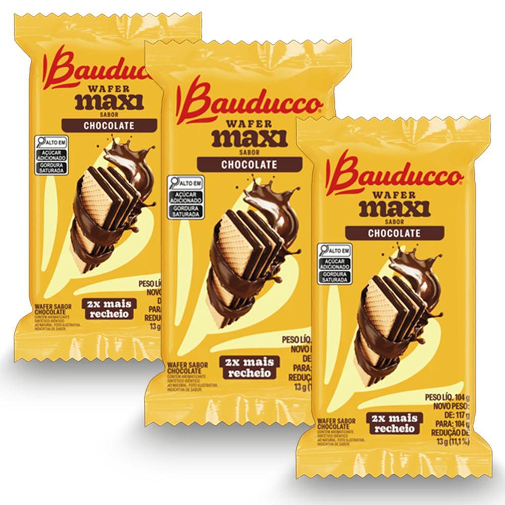 Miniatura Biscoito Wafer Maxi Bauducco Chocolate Kit 3 Pacotes De 104G