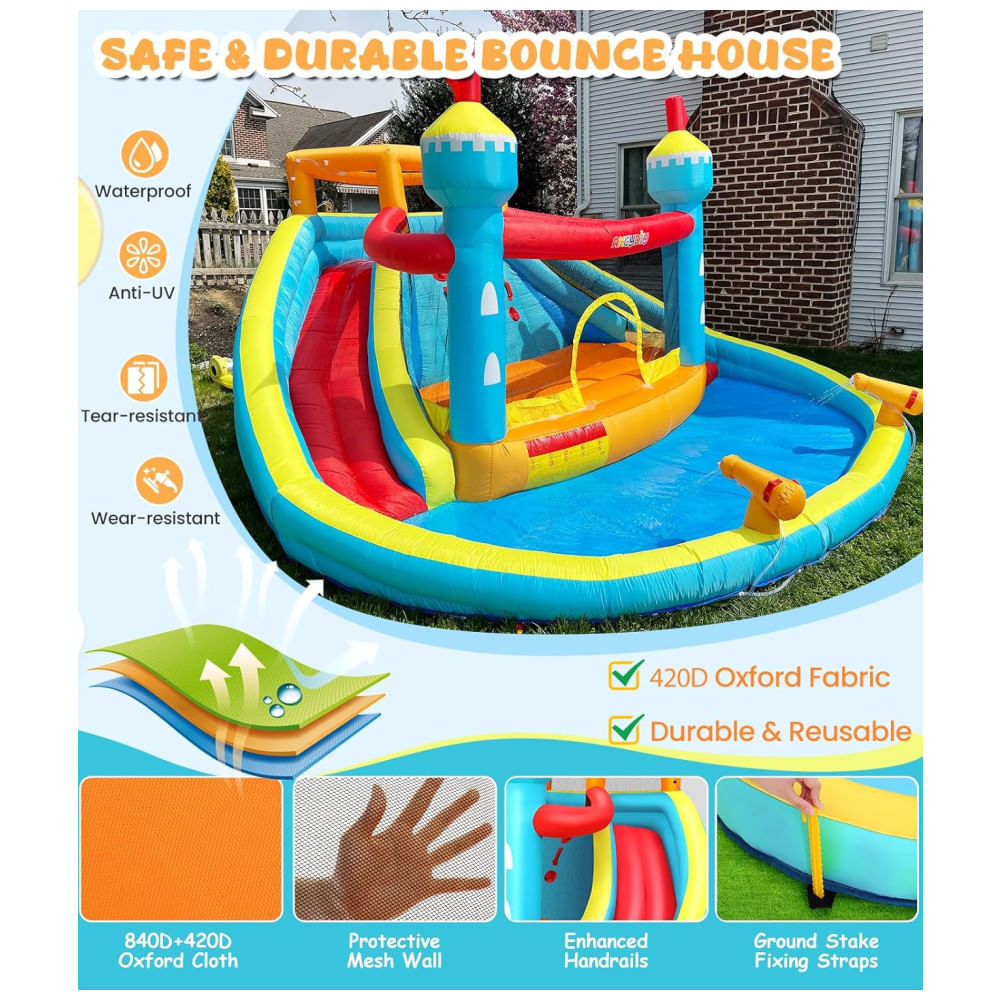Parque Aquático Inflável Whubefy de 4,3x4,2m para Crianças - Casa de Pula-Pula com Piscina, Escorregador e Área de Salto - Diversão no Quintal.