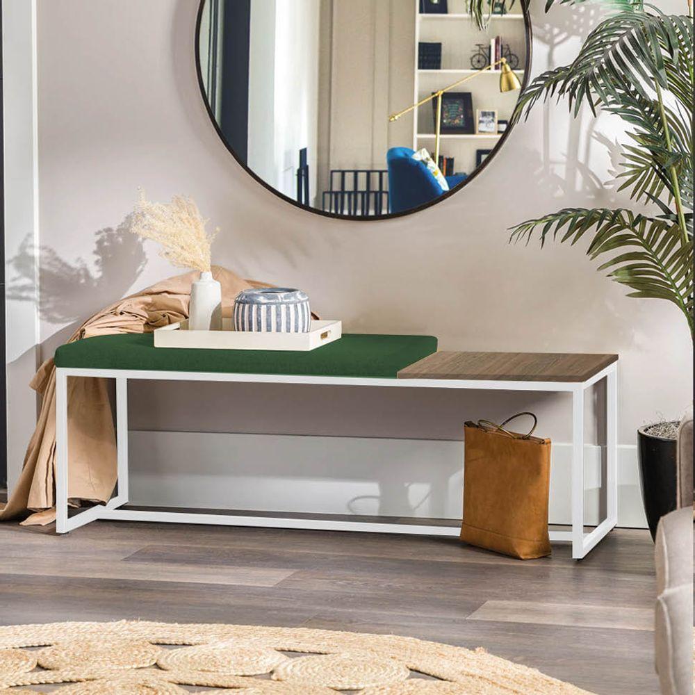 Miniatura Banco Recamier Puff 140cm Industrial Branco Suede Verde Tampo Quadrado Marmorizado