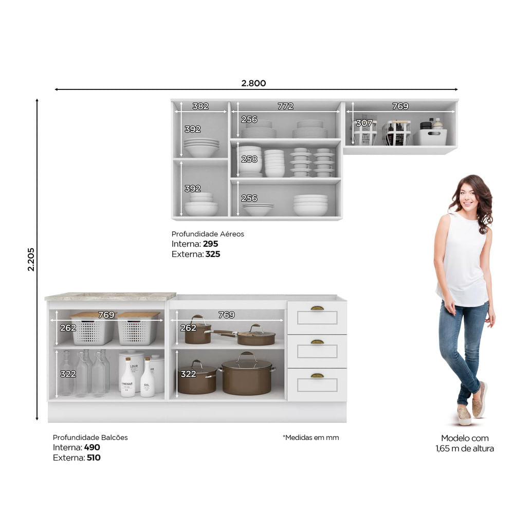 Cozinha Compacta 04 Peças com Aéreo para Geladeira Americana Henn Branco HP