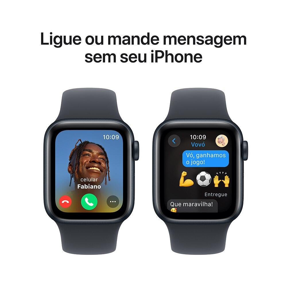 Miniatura Apple Watch SE GPS • Caixa meia-noite de alumínio – 40 mm • Pulseira esportiva meia-noite – M/G