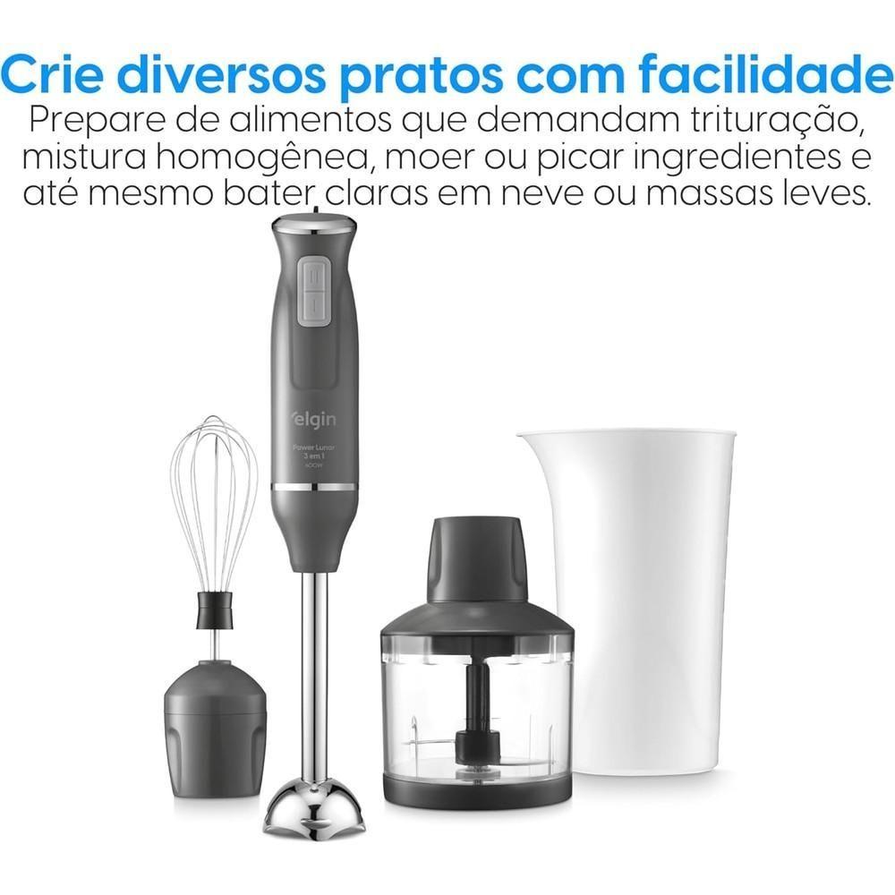 Mixer De Alimentos Cinza Lunar Inox 600W 3 Em 1 Copo 700ml Elgin 220V