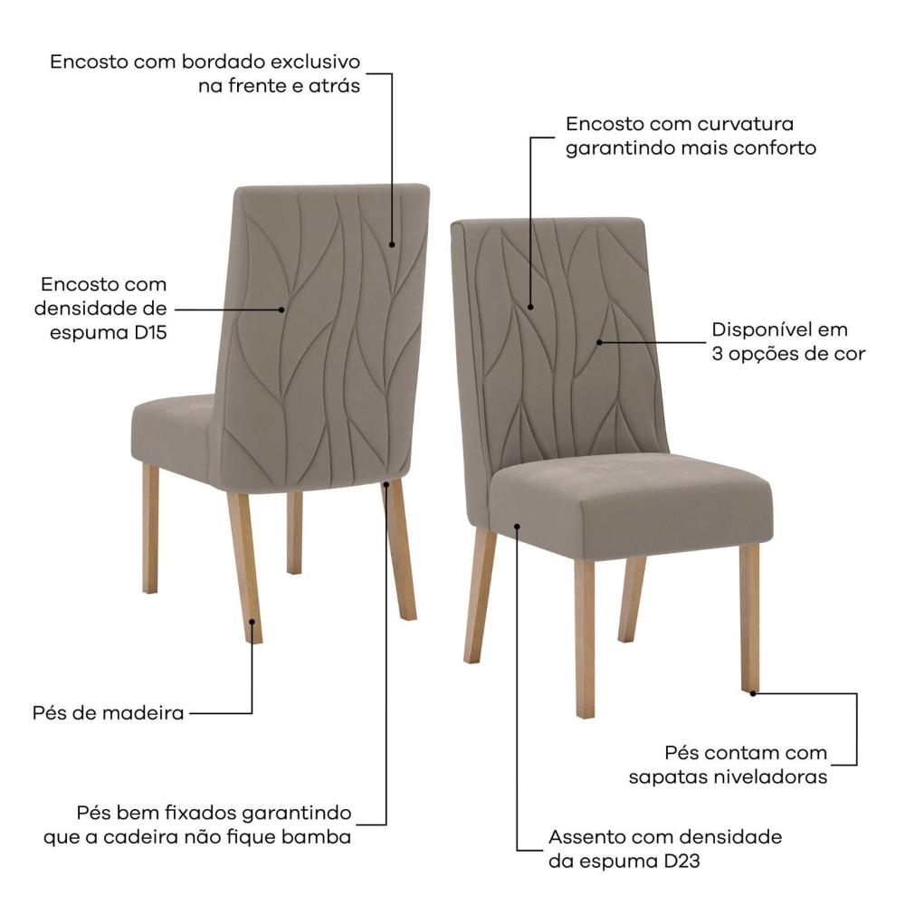 Conjunto Sala Jantar Letícia Mesa 160 Cm Canto Arredondado com Vidro 6 Cadeiras Espresso Móveis Nature/Off White/Marrom Amêndoa