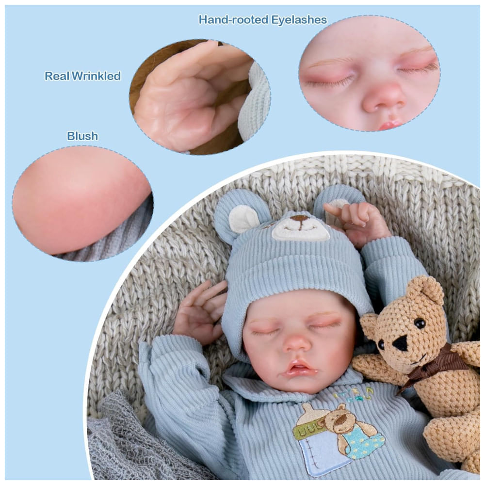 Miniatura Bebê Recém-Nascido Newborn, Boneca Bebê Renascida Aori Menino 45 Centímetros Realista Dormindo, Corpo de Pano Macio Feito à Mão.