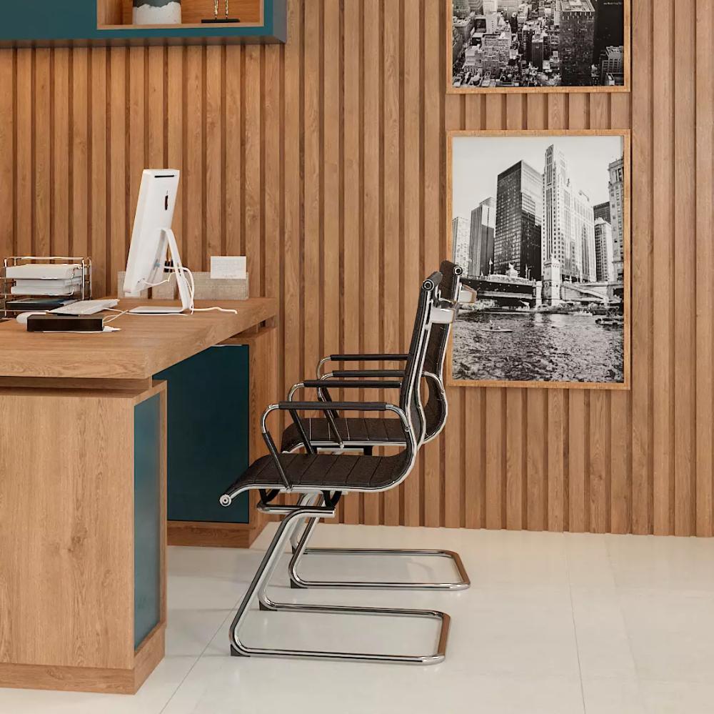 Cadeira Escritório Base Fixa Manhattan Couro Preto