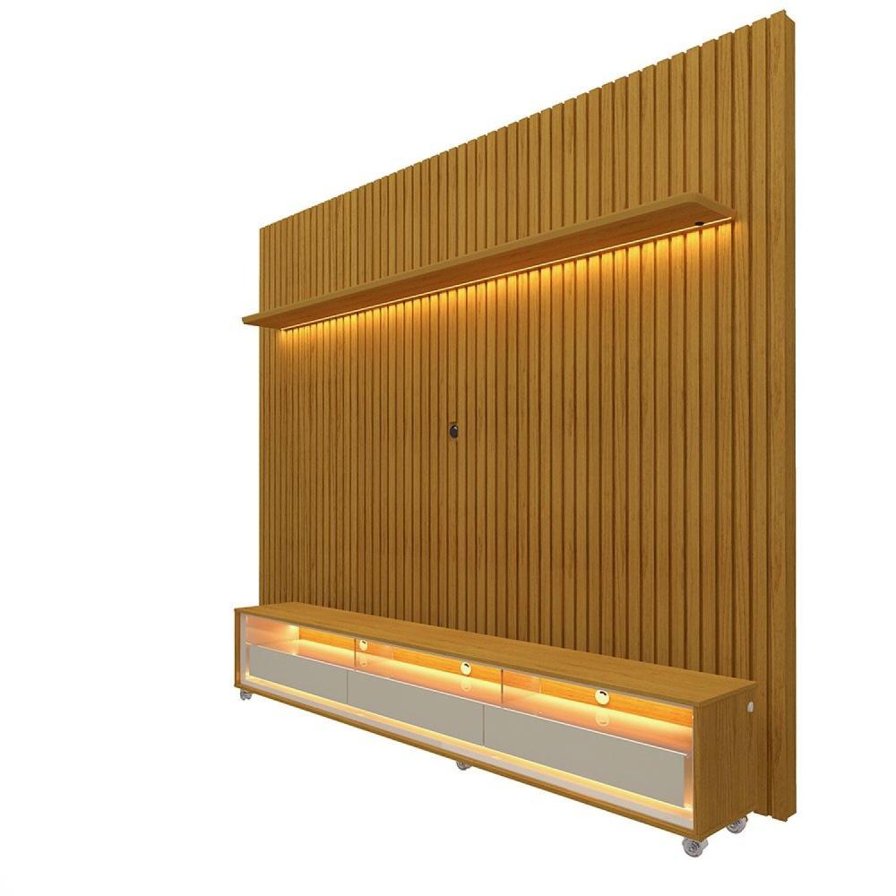 Miniatura Painel Ripado com Rack para TV até 75 Polegadas LED 3 Gavetas 2 Prateleiras com Rodízios 230cm Gelius Móveis Naturale