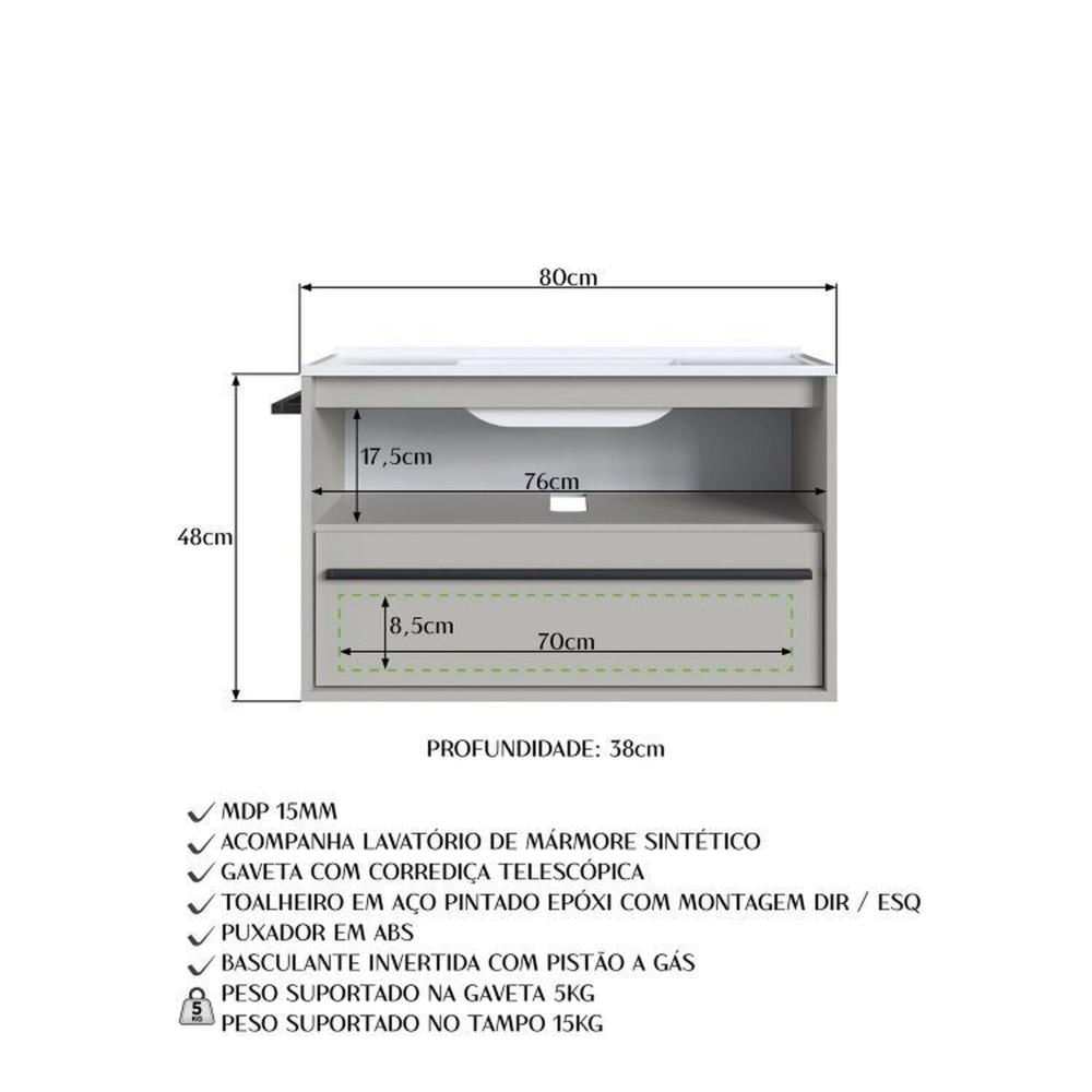 Conjunto para Banheiro Gabinete Suspenso 80cm com Toalheiro Lavatorio e Espelheira Cj8030.20 Arenas