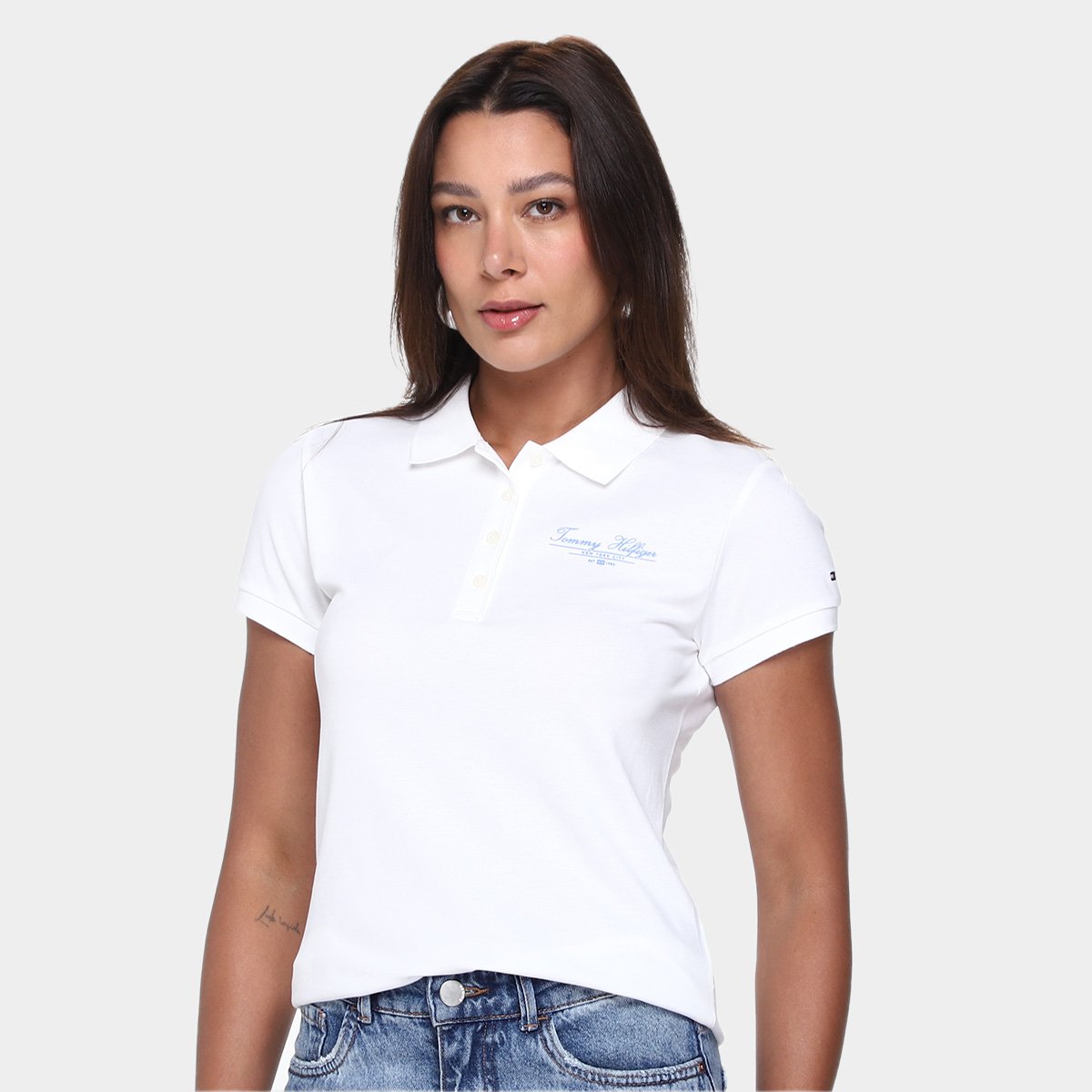 Miniatura Camisa Polo Tommy Hilfiger Script Feminina Branco - G