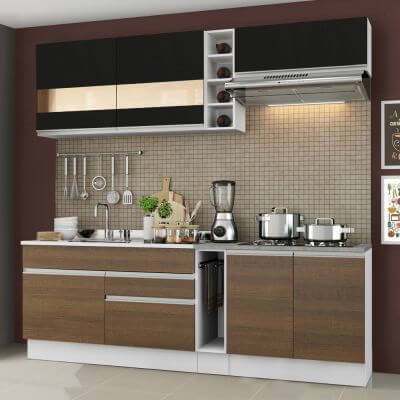 Cozinha Completa Madesa Parma com Armário e Balcão (Sem tampo e Pia) Branco/Rustic/Preto Cor:Branco/Rustic/Preto