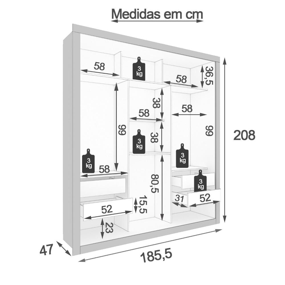 Miniatura Guarda Roupa Casal 3 Portas com Espelho 4 Gavetas Costa Rica Sallêto Móveis Cinamomo/Off