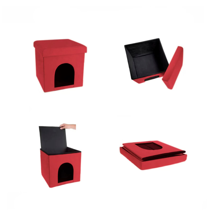 Miniatura Puff Pet Puff Baú Casinha Pet Dobrável em Suede Vermelho