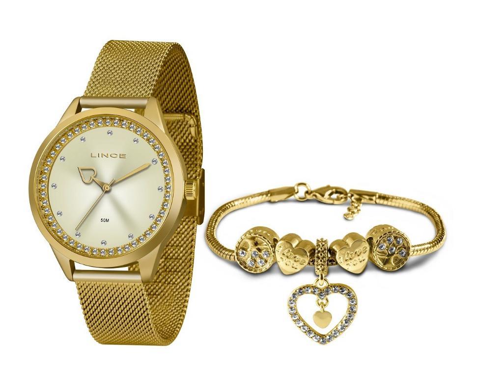 Miniatura Kit Relógio Lince Feminino Dourado Coração Lrg4666L Ky10 Kit relógio - Lince
