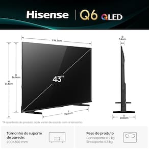 Smart TV 43” 4K Hisense 43Q6QV QLED HDR10 Dolby Atmos Vidaa U9 Preto