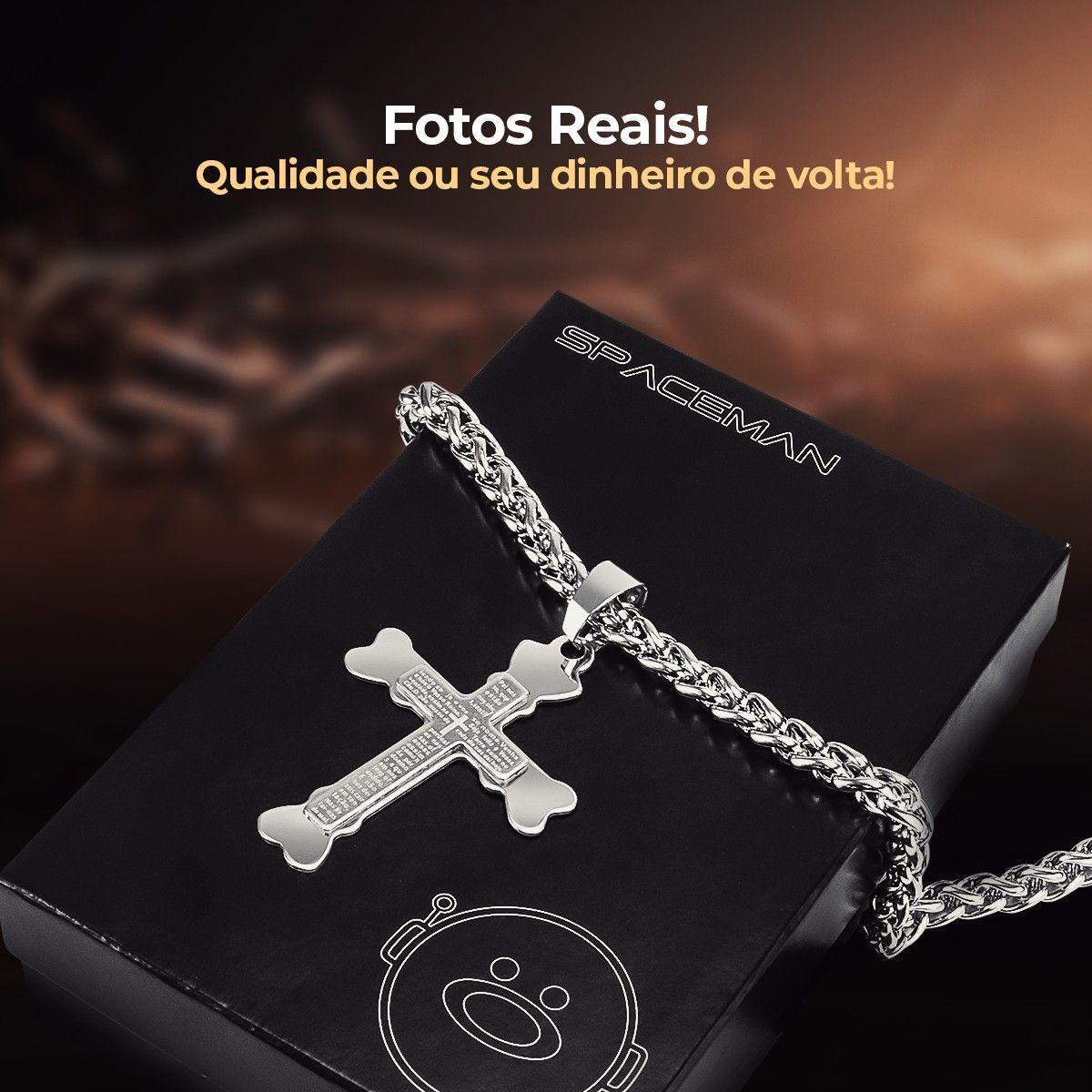 Pingente Cruz Pai Nosso + Cordão Aço Inox Prata Presente