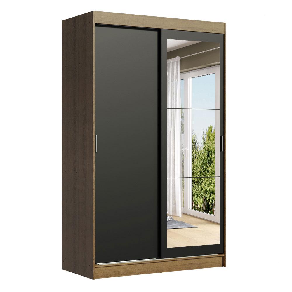 Guarda-Roupa Solteiro Madesa Tokio 2 Portas de Correr com Espelho 2 Gavetas - Rustic/Preto Rustic/Preto