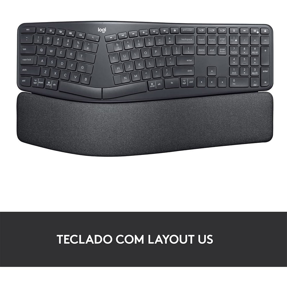 Miniatura Teclado Sem Fio Logitech ERGO K860 Com Apoio de Pulso USB Bluetooth Grafite Preto